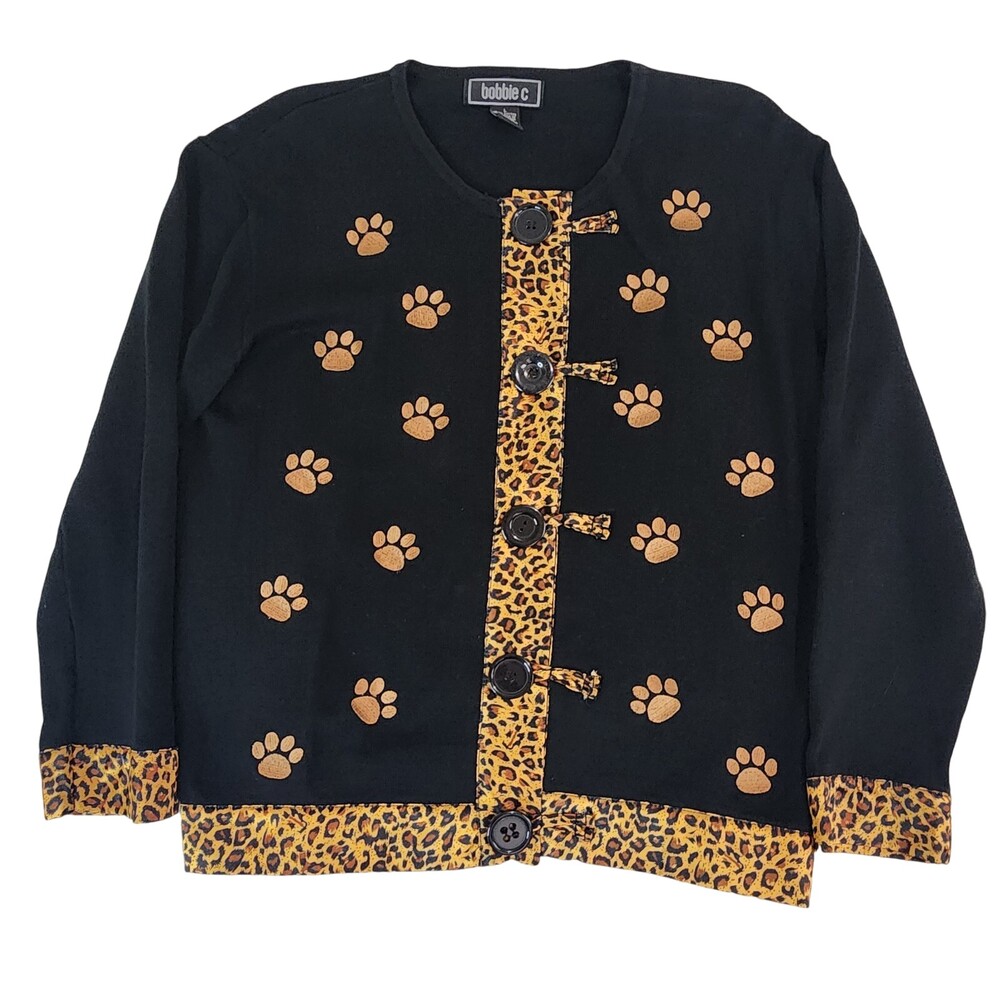 Bobbie C Womens Cardigan Sweater Large Black Cats Paw Leopard Trim Novelty #1969